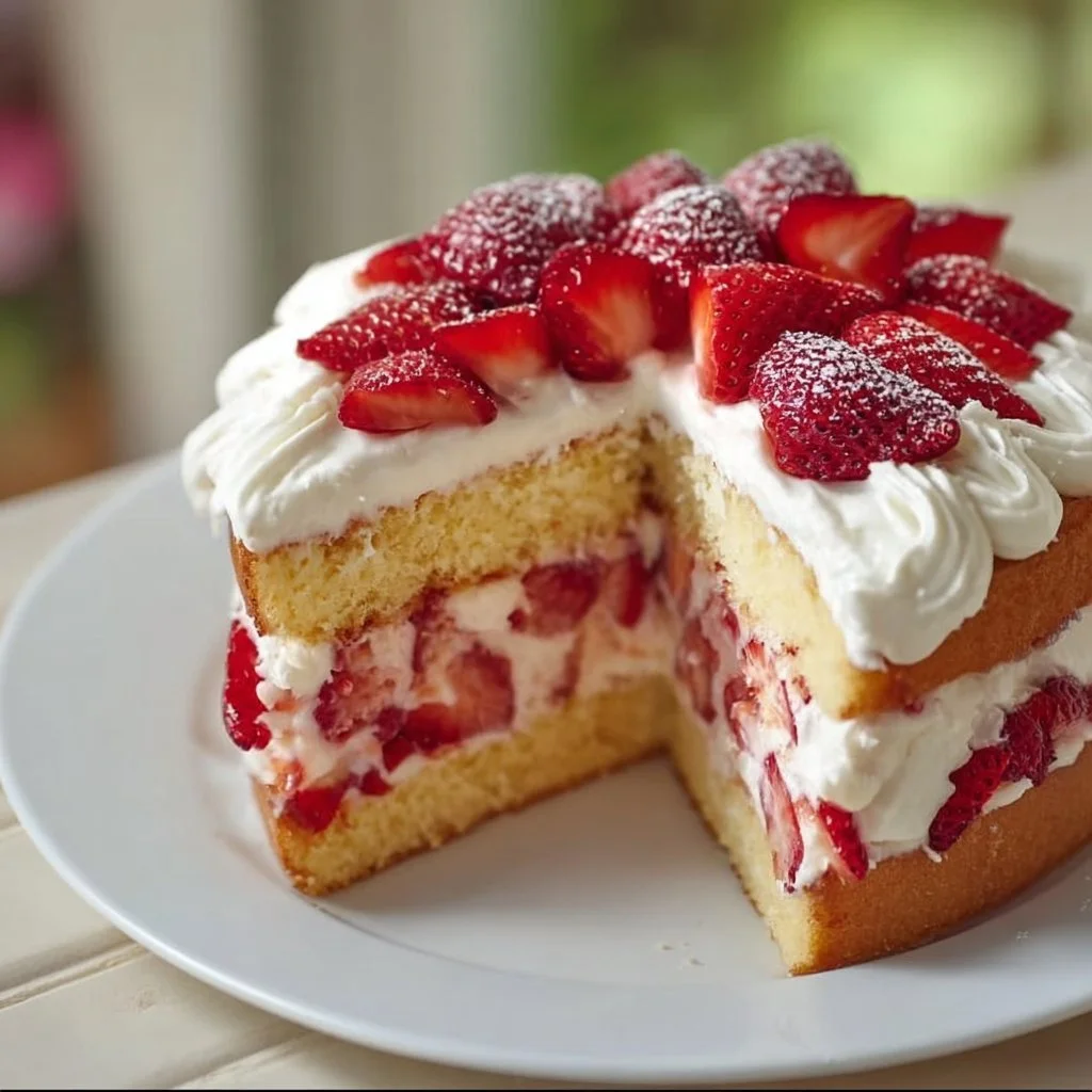 Delicious homemade Strawberry Shortcake Cake with fresh strawberries and whipped cream