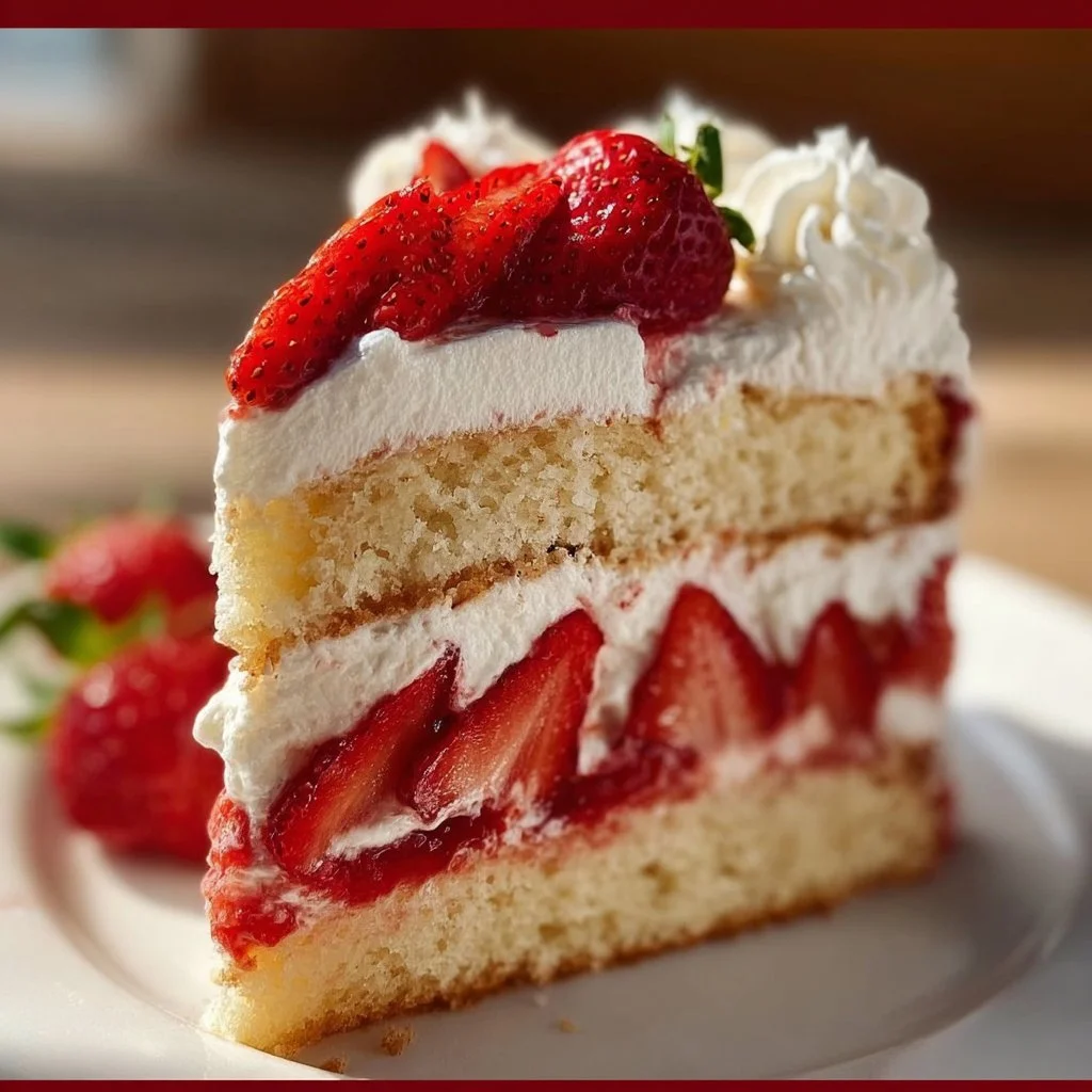 Slice of Strawberry Shortcake Cake with fresh strawberries on top