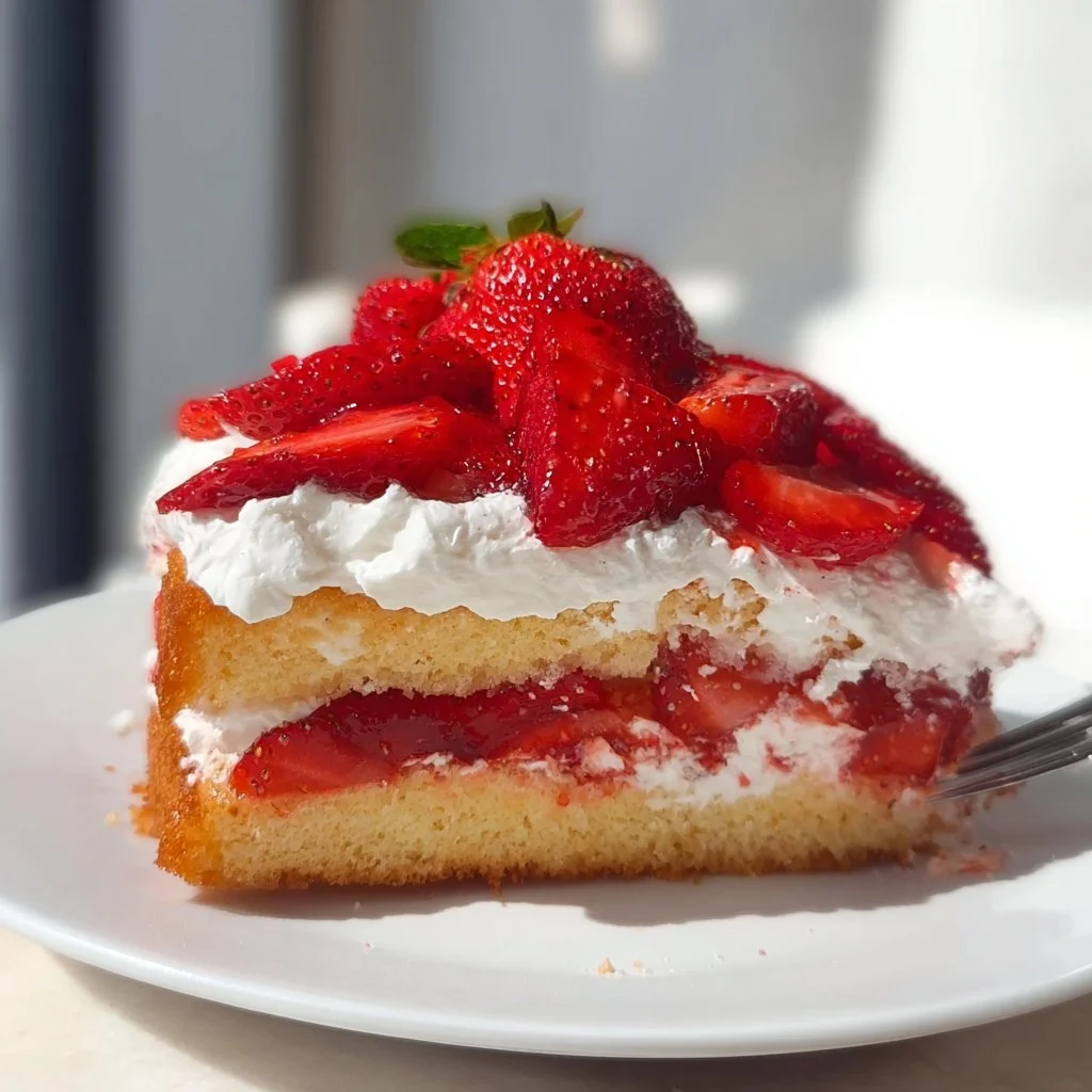 Delicious Strawberry Shortcake Cake with fresh strawberries and whipped cream.