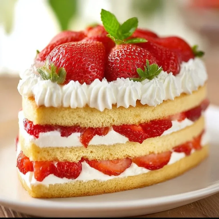 Delicious strawberry shortcake cake with fresh strawberries and whipped cream topping.