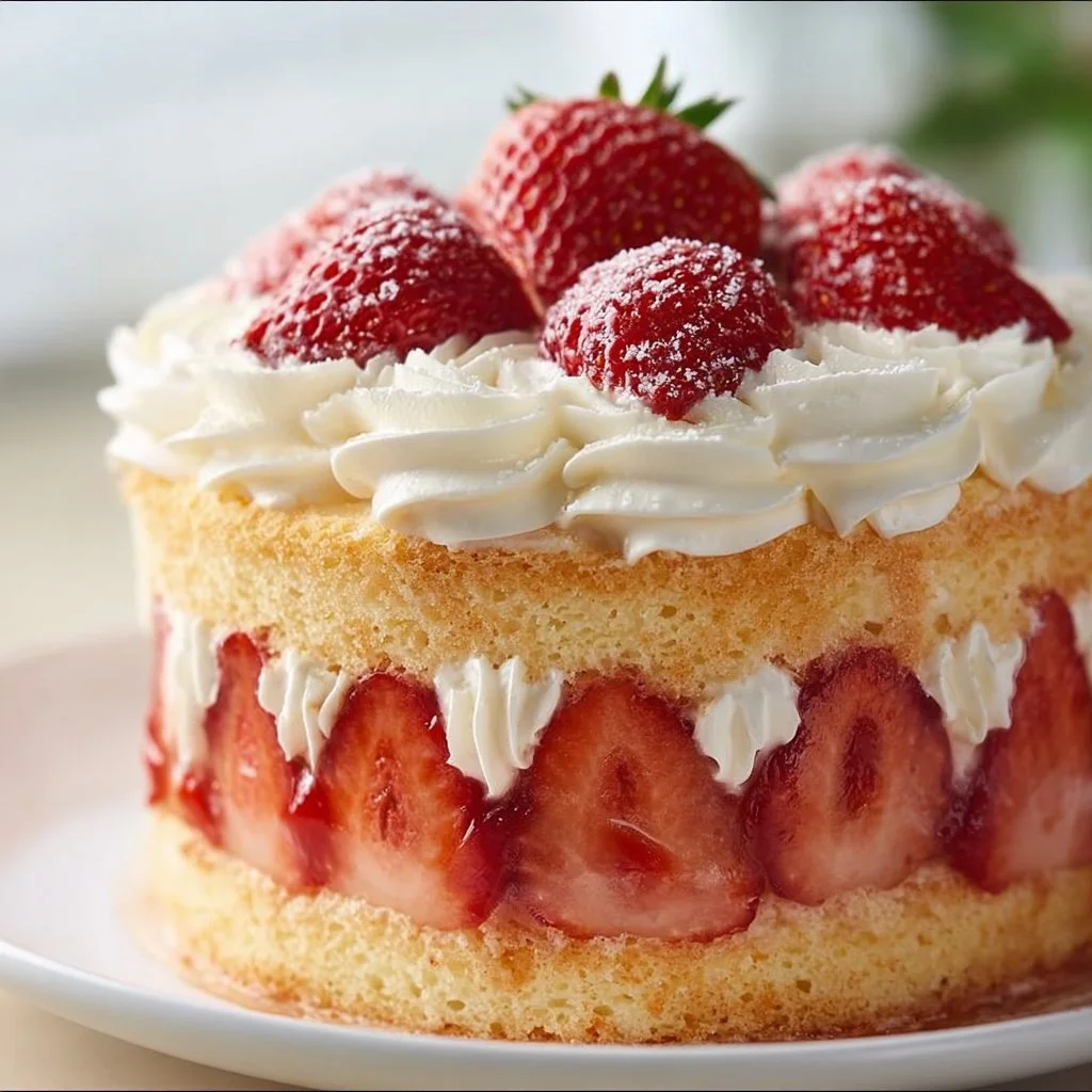 Delicious homemade Strawberry Shortcake Cake ready to be served
