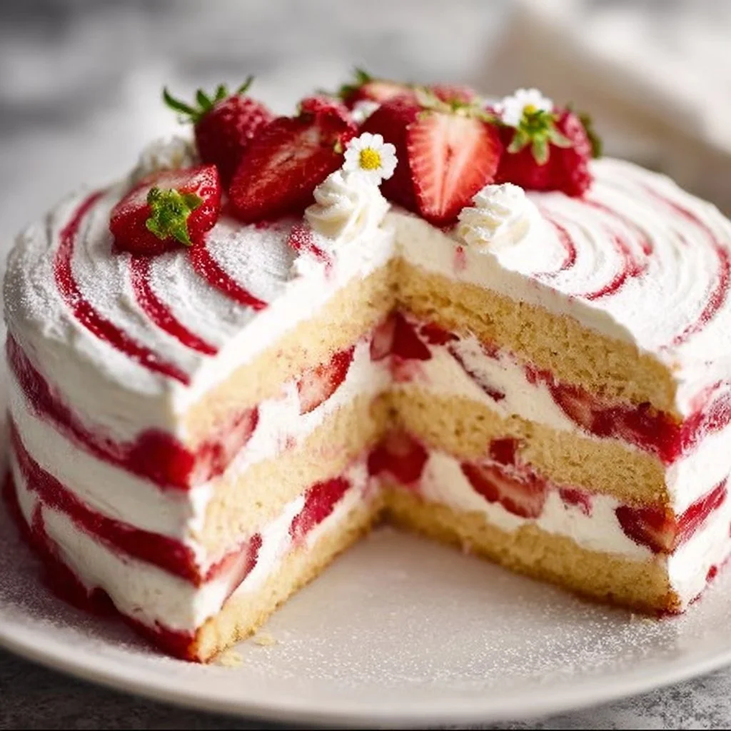 Delicious Strawberry Shortcake Layer Cake with fresh strawberries and cream