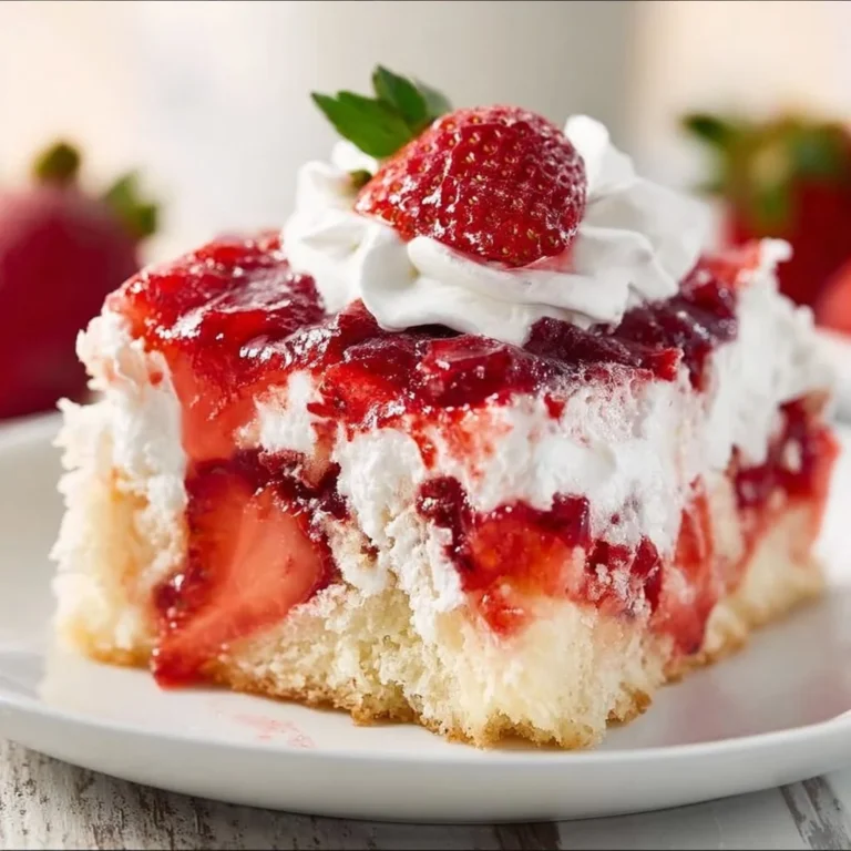 Delicious Strawberry Shortcake Poke Cake topped with fresh strawberries