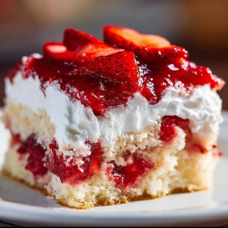 Delicious Strawberry Shortcake Poke Cake topped with fresh strawberries and whipped cream