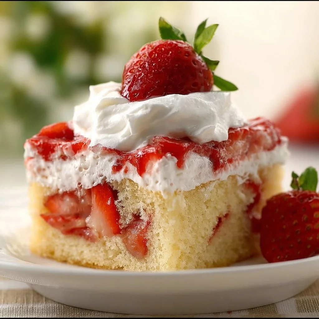 Delicious Strawberry Shortcake Sheet Cake topped with fresh strawberries and whipped cream