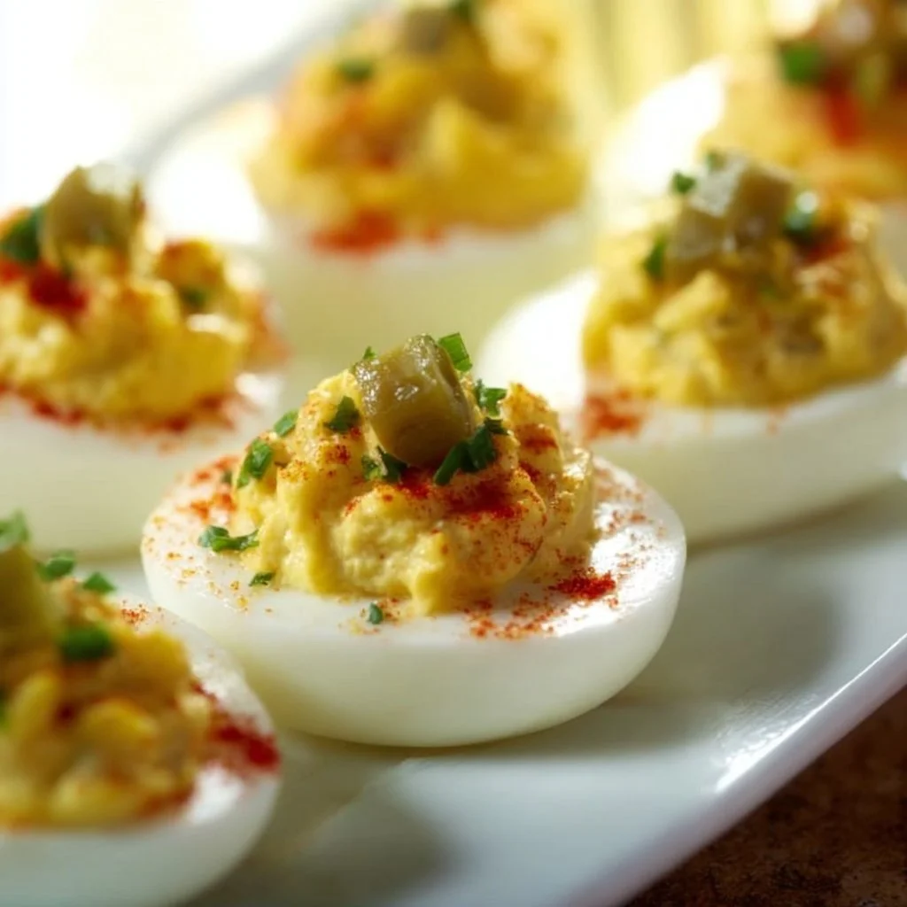 Platter of Sweet Relish Deviled Eggs garnished with herbs