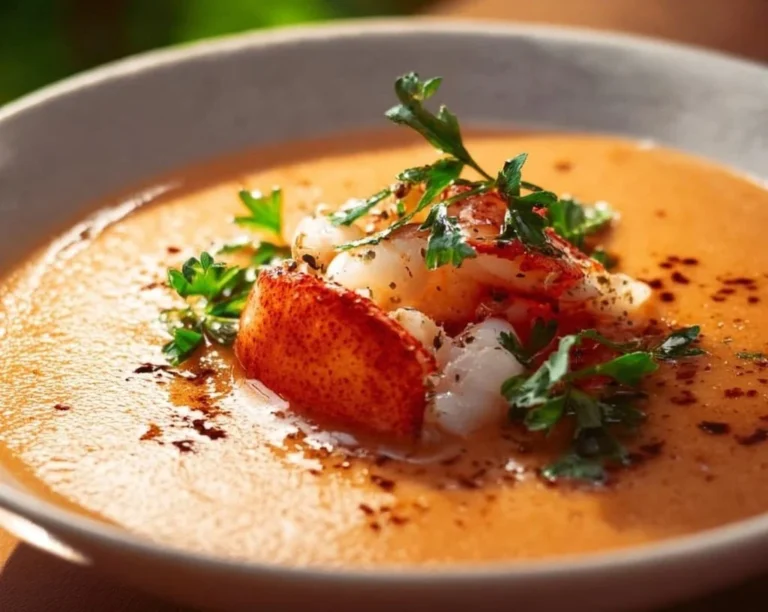 A bowl of creamy lobster bisque garnished with fresh herbs and seafood.