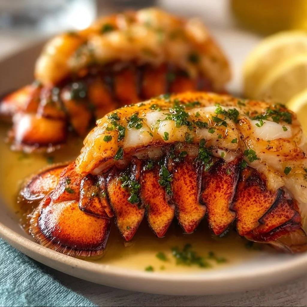Deliciously broiled lobster tails garnished with herbs and butter