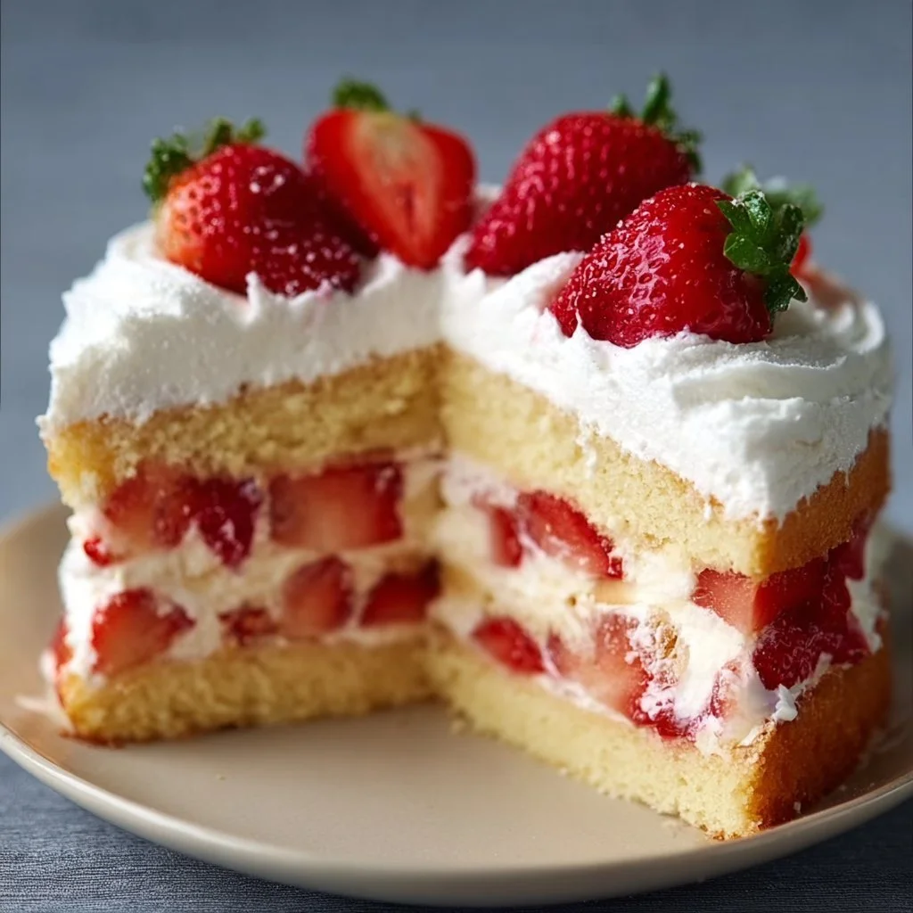 A delicious slice of strawberry shortcake cake topped with fresh strawberries and whipped cream.