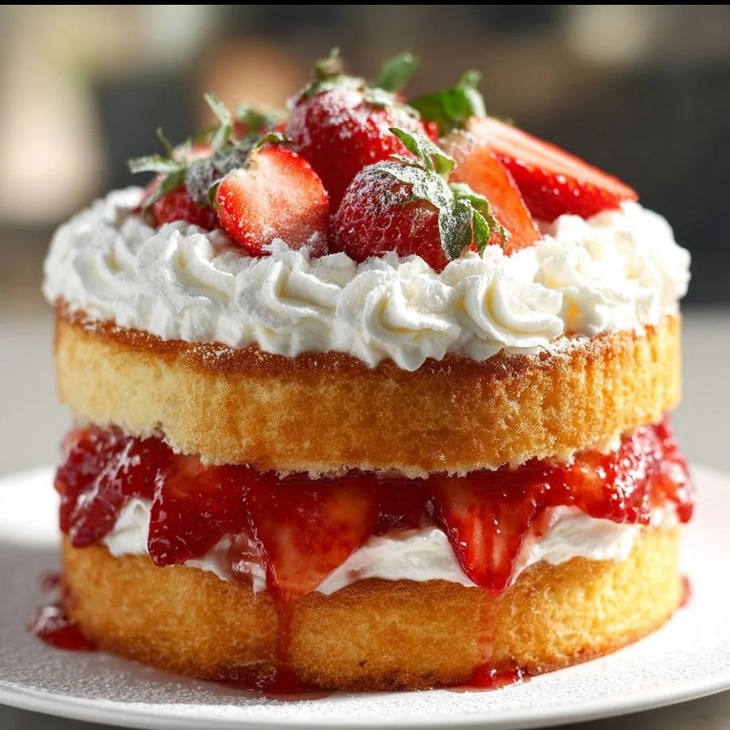 Delicious ultimate strawberry shortcake sponge cake with fresh strawberries