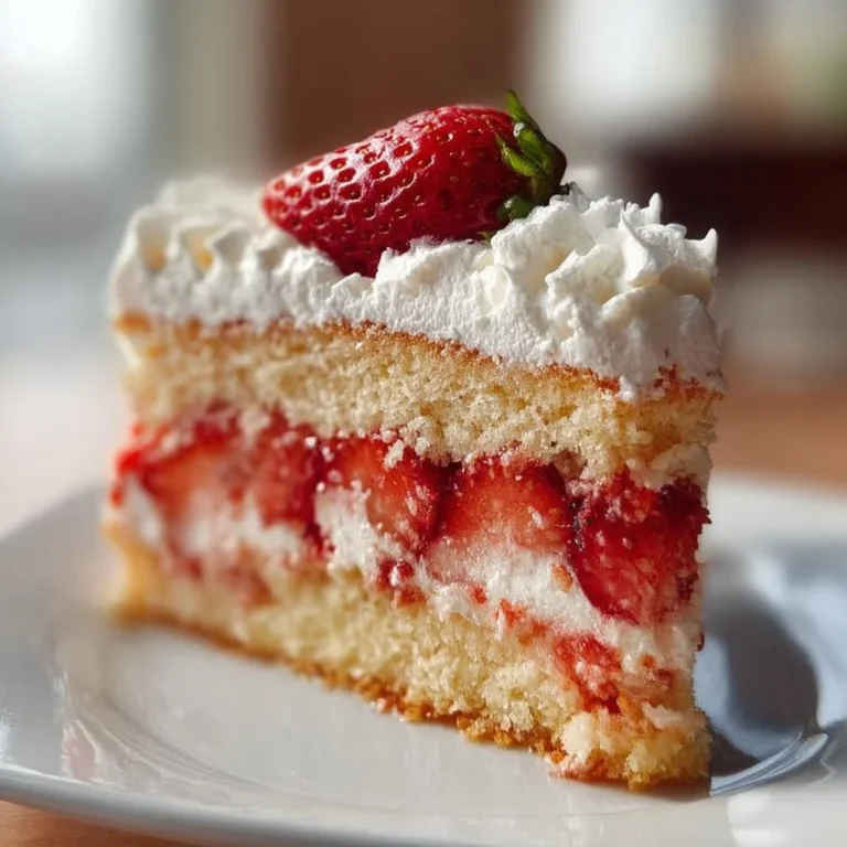 Delicious strawberry shortcake cake with fresh strawberries and cream