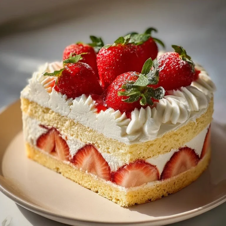 Delicious strawberry shortcake cake topped with fresh strawberries and whipped cream.