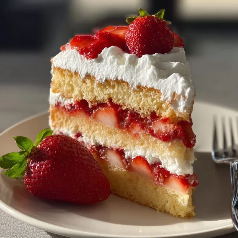 Delicious strawberry shortcake cake with fresh strawberries and whipped cream