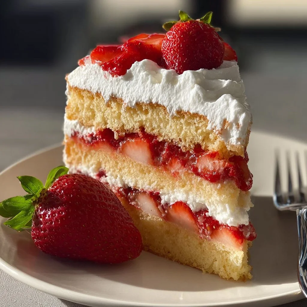 Delicious strawberry shortcake cake with fresh strawberries and whipped cream