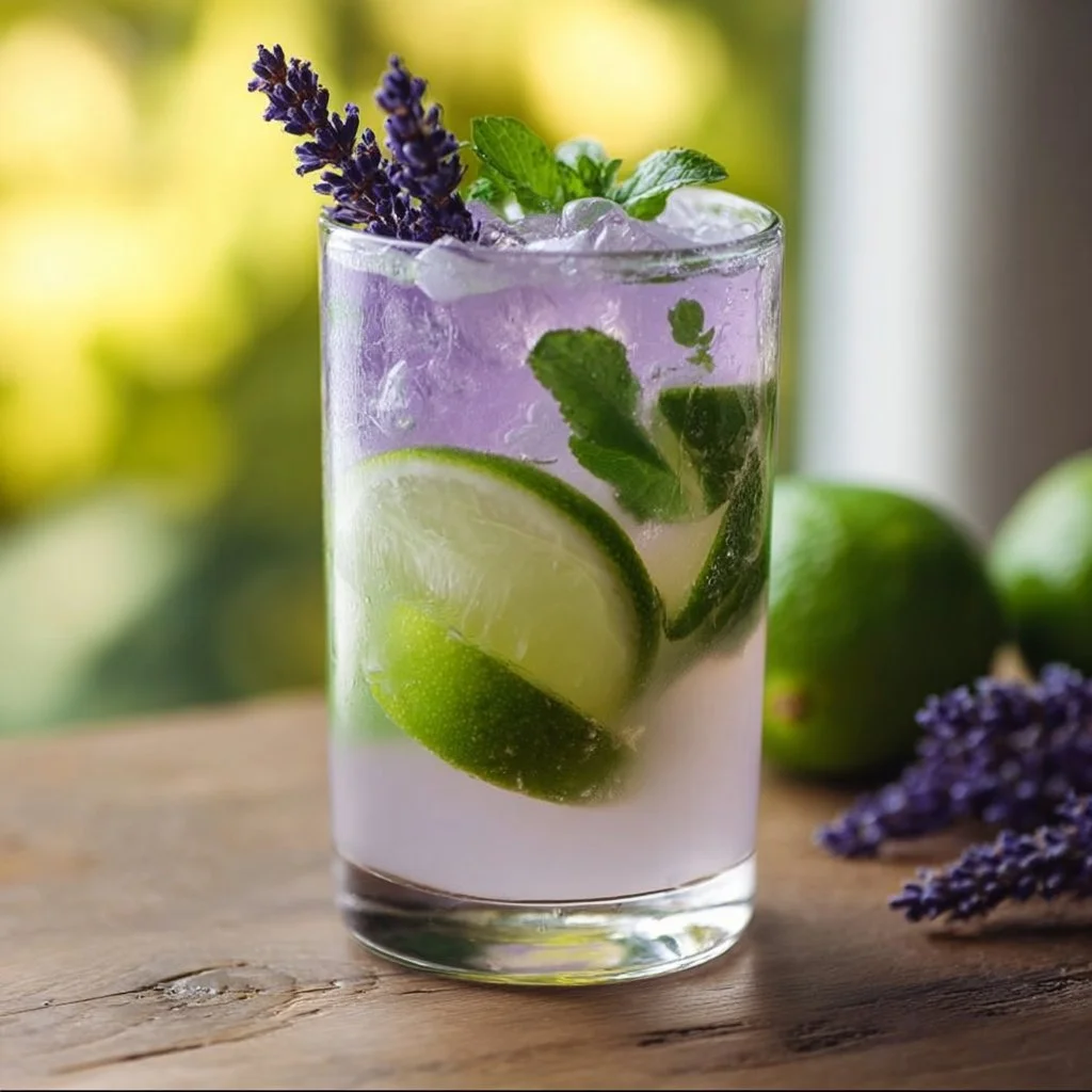Virgin Lavender Mojito drink with mint and lavender garnish