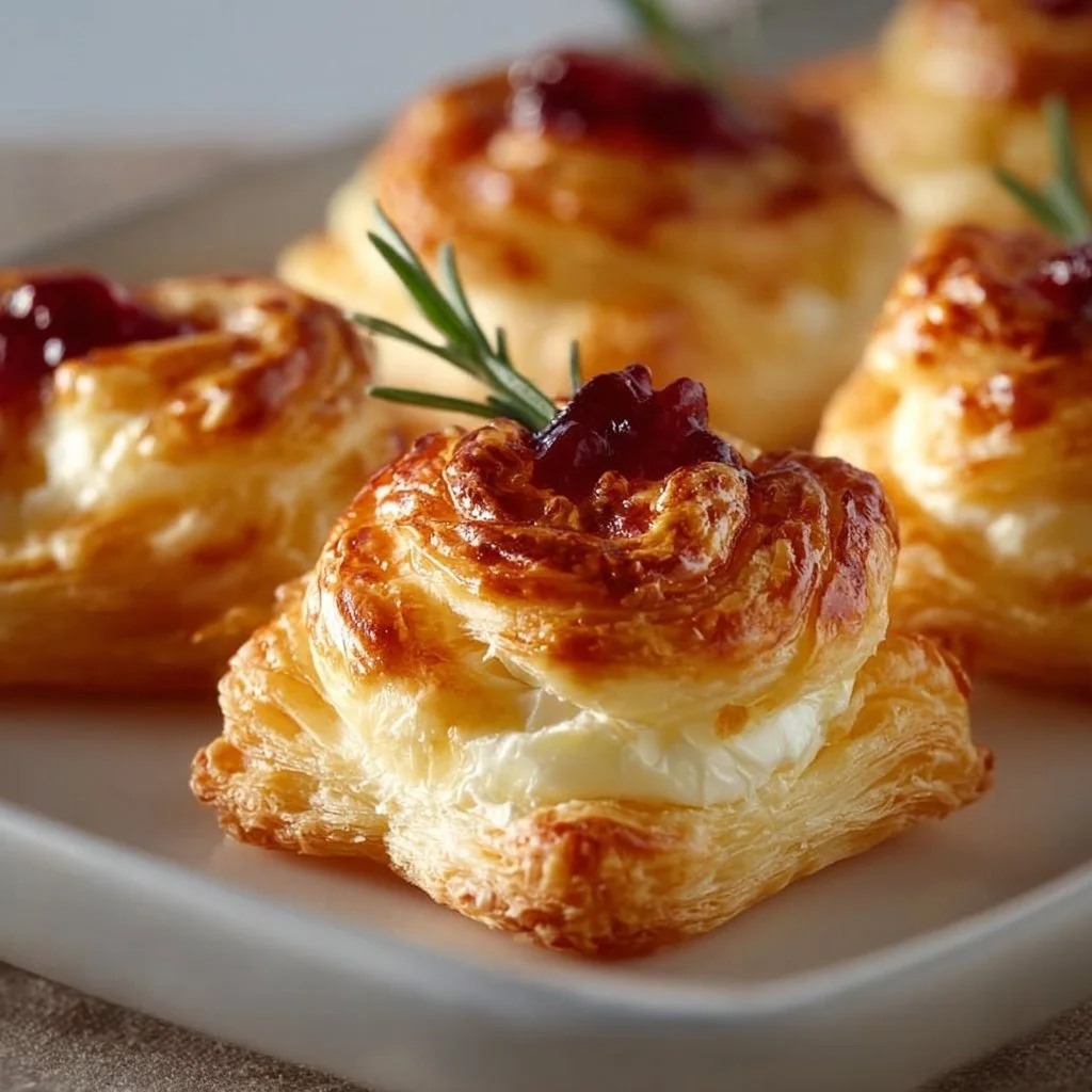 Leckere Blätterteig-Häppchen mit Camembert aus dem Ofen auf einem Holzbrett