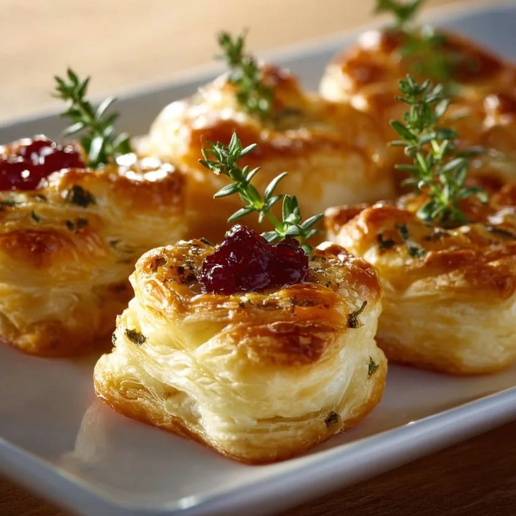 Blätterteighäppchen mit Camembert auf einem eleganten Teller