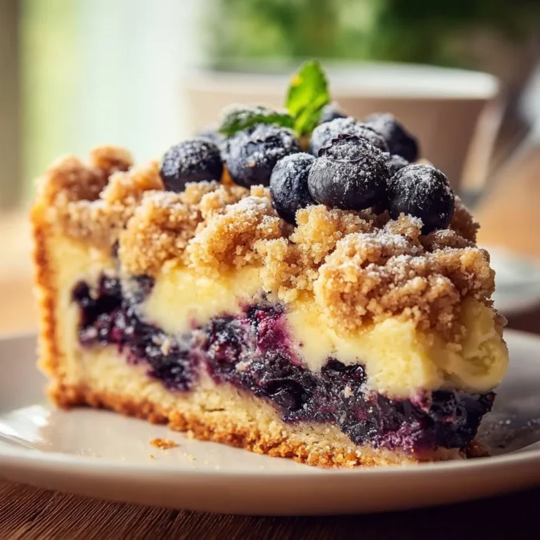 Blaubeerkuchen mit Pudding und Streuseln auf einem Teller
