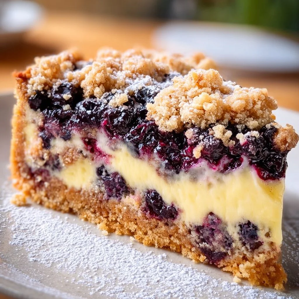 Blaubeerkuchen mit Pudding und Streusel