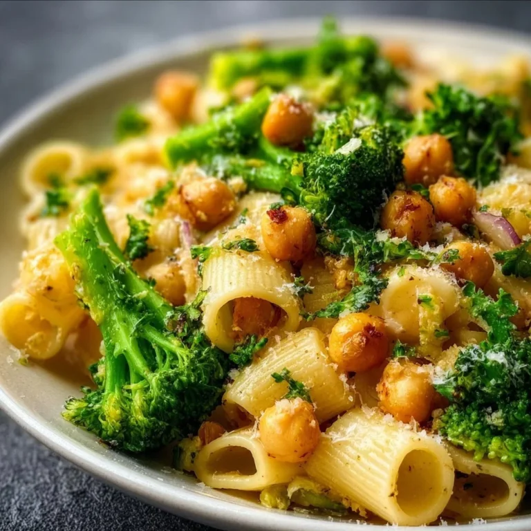 Brokkoli-Kichererbsennudeln mit Knoblauch-Olivenöl auf einem Teller serviert