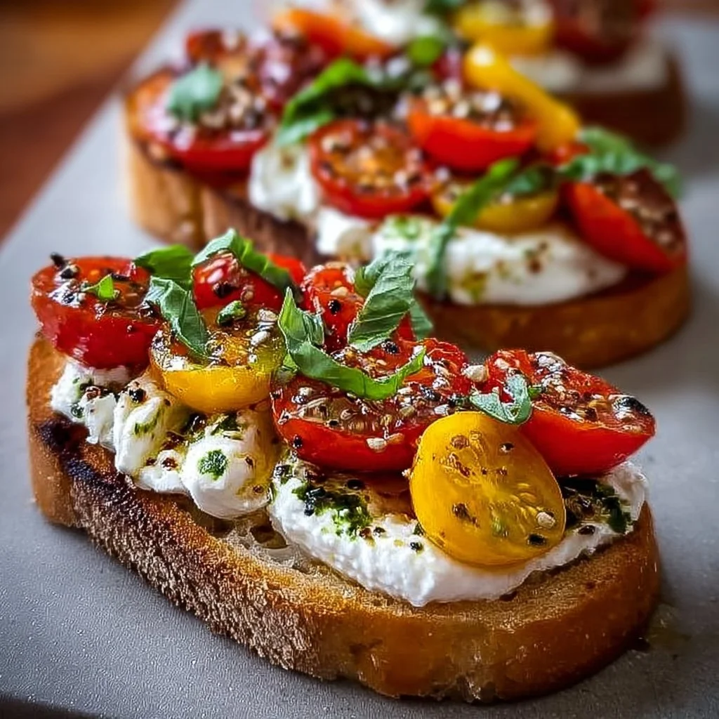 Burrata-Bruschetta auf einem rustikalen Holzbrett mit frischen Tomaten und Basilikum