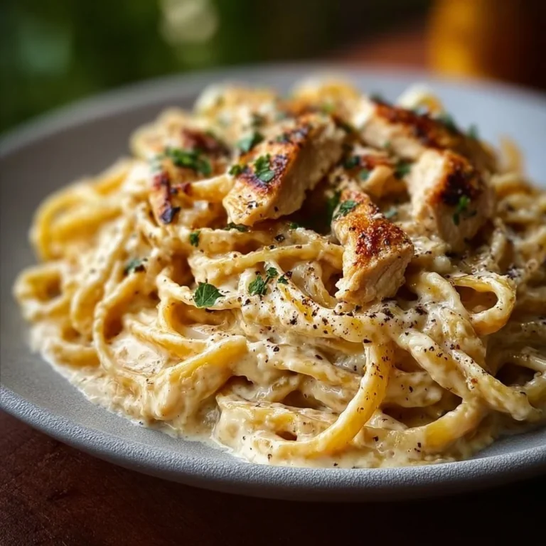 Cremige Hähnchen-Alfredo-Nudeln auf einem Teller angerichtet