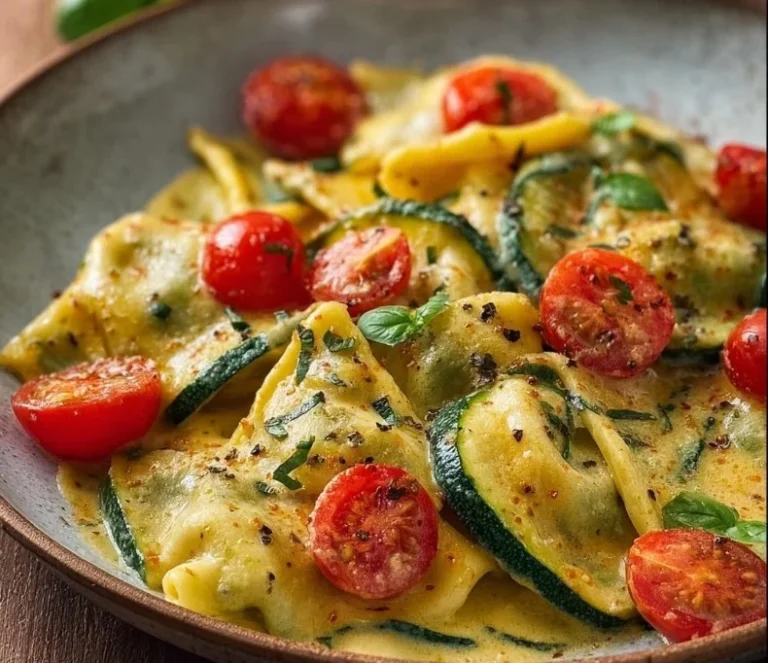 Cremige Maultaschenpfanne mit Zucchini und Tomaten auf einem Teller