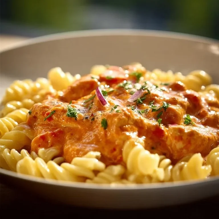 Cremige Pasta mit würziger Tomatensoße auf einem Teller serviert