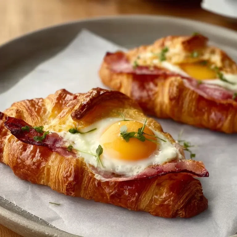 Leckeres Eier-Speck-Croissant in Bootsform, ideal für Frühstücksrezepte.