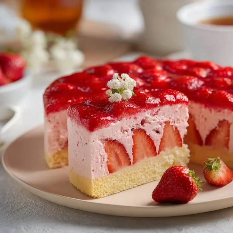 Erdbeerkuchen mit Pudding auf einem Teller, garniert mit frischen Erdbeeren