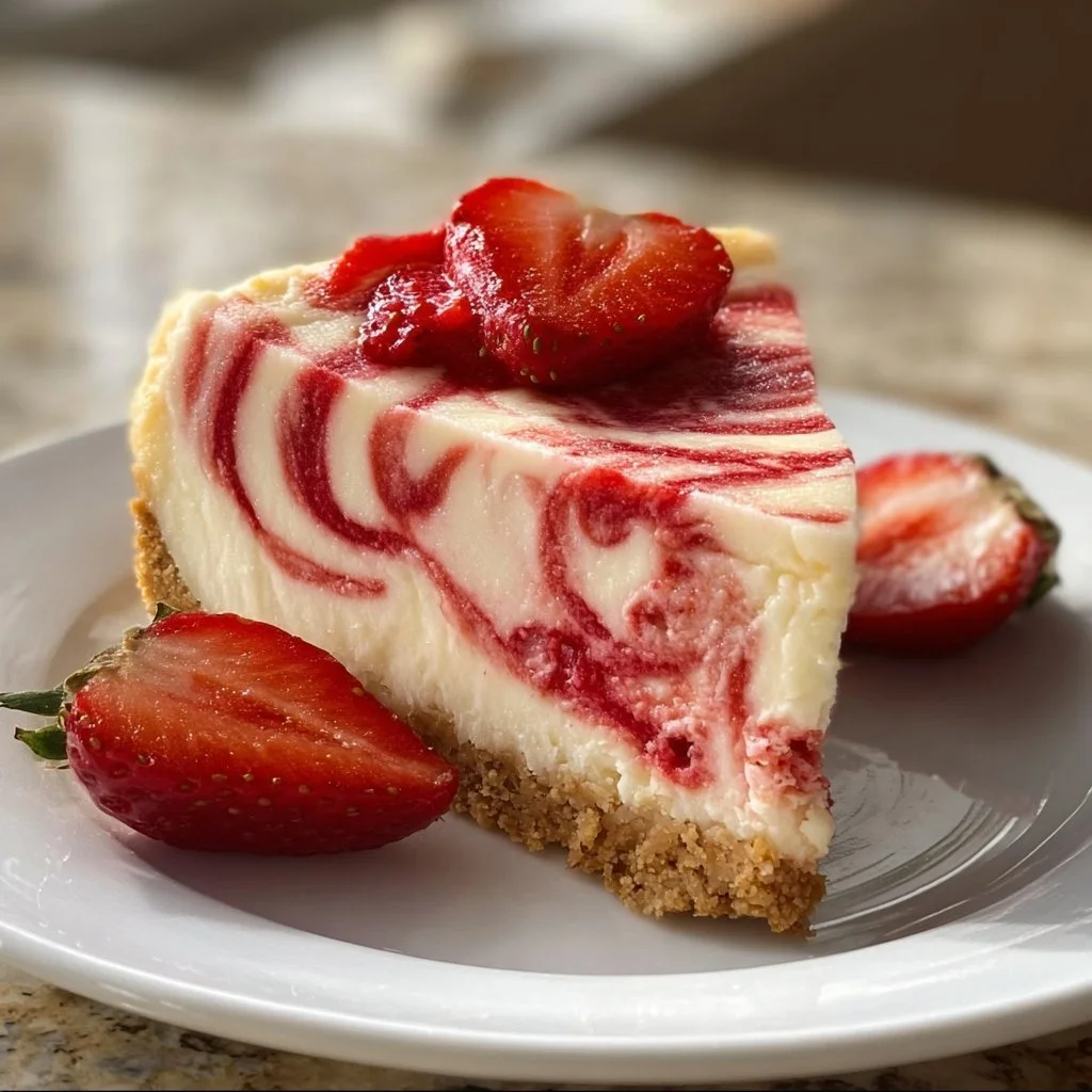 Erdbeerwirbel Käsekuchen mit frischen Erdbeeren und einer cremigen Käsekuchenfüllung.