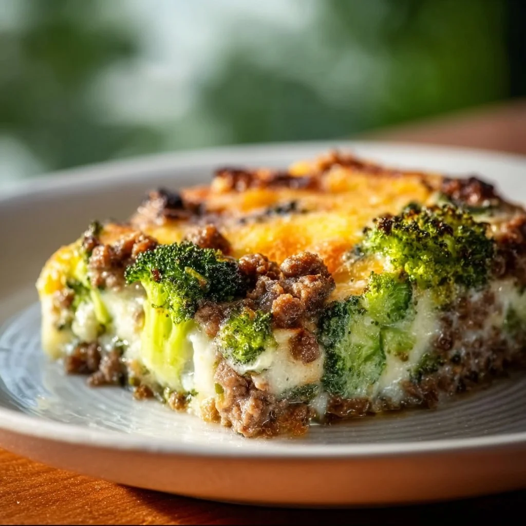 Fitness casserole mit Brokkoli und Hackfleisch auf einem Teller serviert