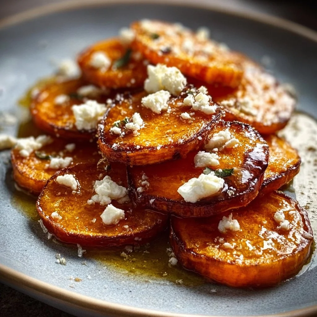 Frittierte Süßkartoffelscheiben mit Honig und Feta auf einem Teller