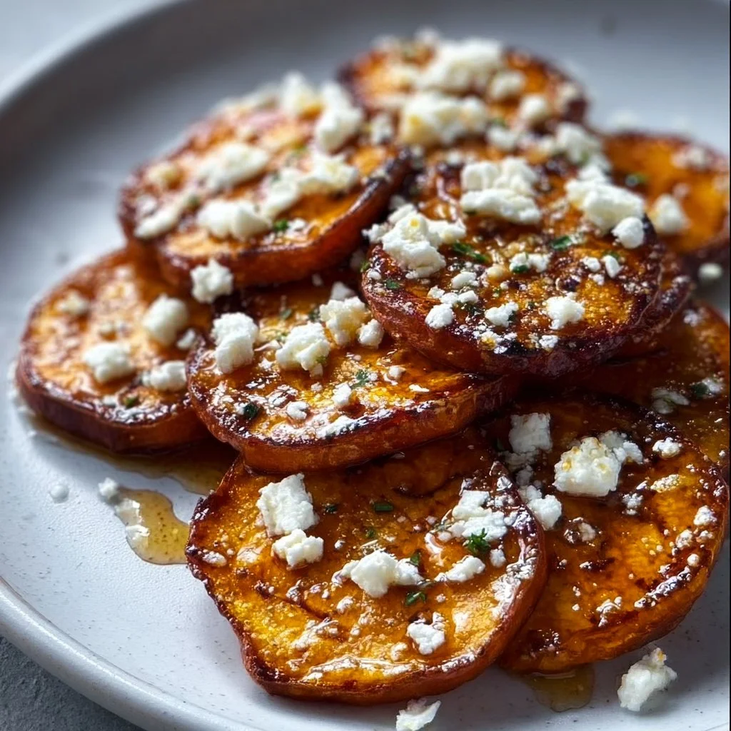 Frittierte Süßkartoffelscheiben mit Honig und Feta