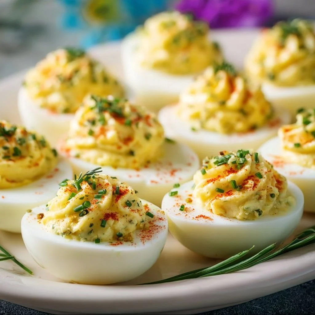 Gefüllte Eier auf einem schönen Tisch für den Osterbrunch