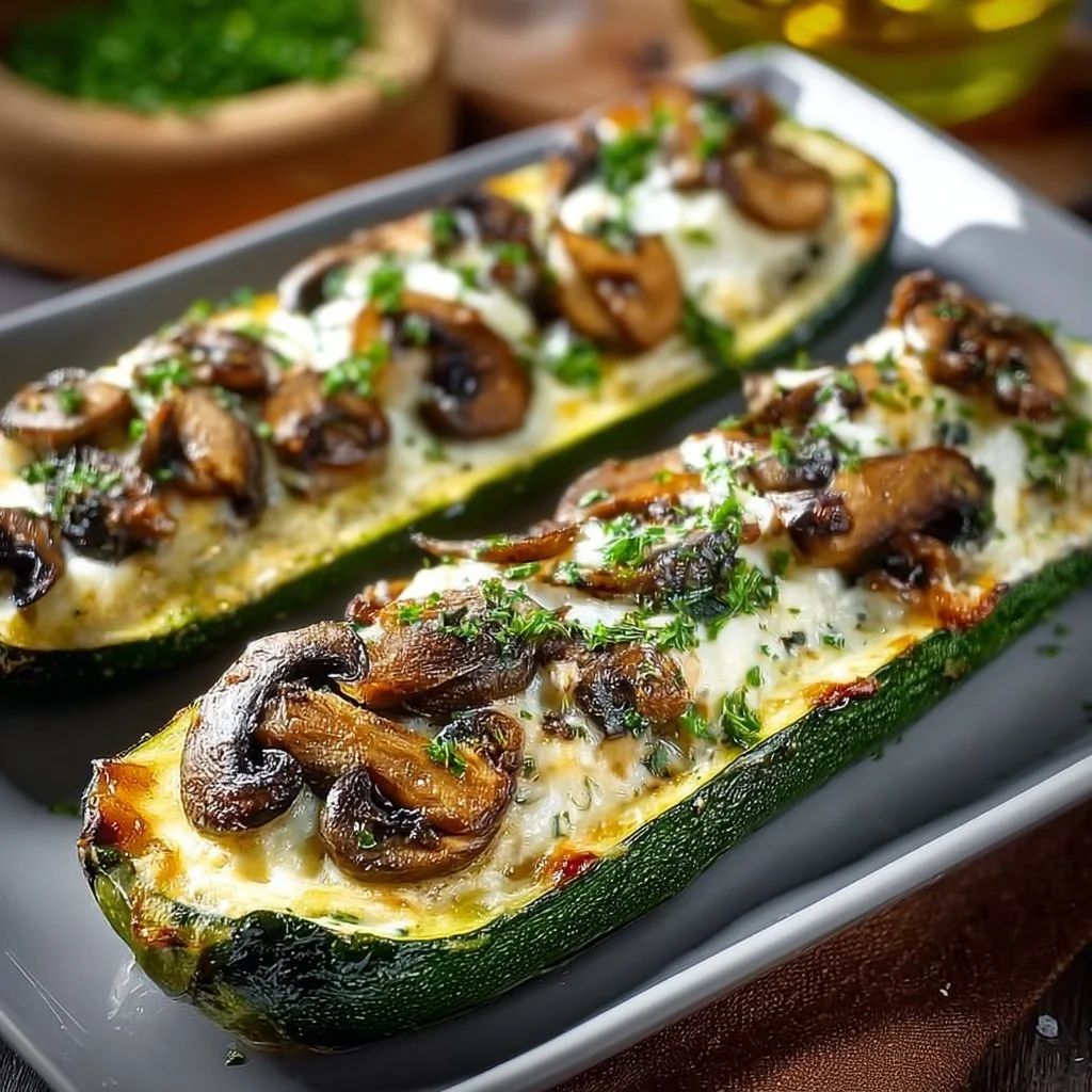 Gefüllte Zucchini mit Champignons auf einem Teller, gesund und appetitlich