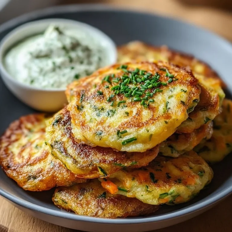 Leckere Gemüsepfannkuchen mit einem frischen Kräuterdip serviert