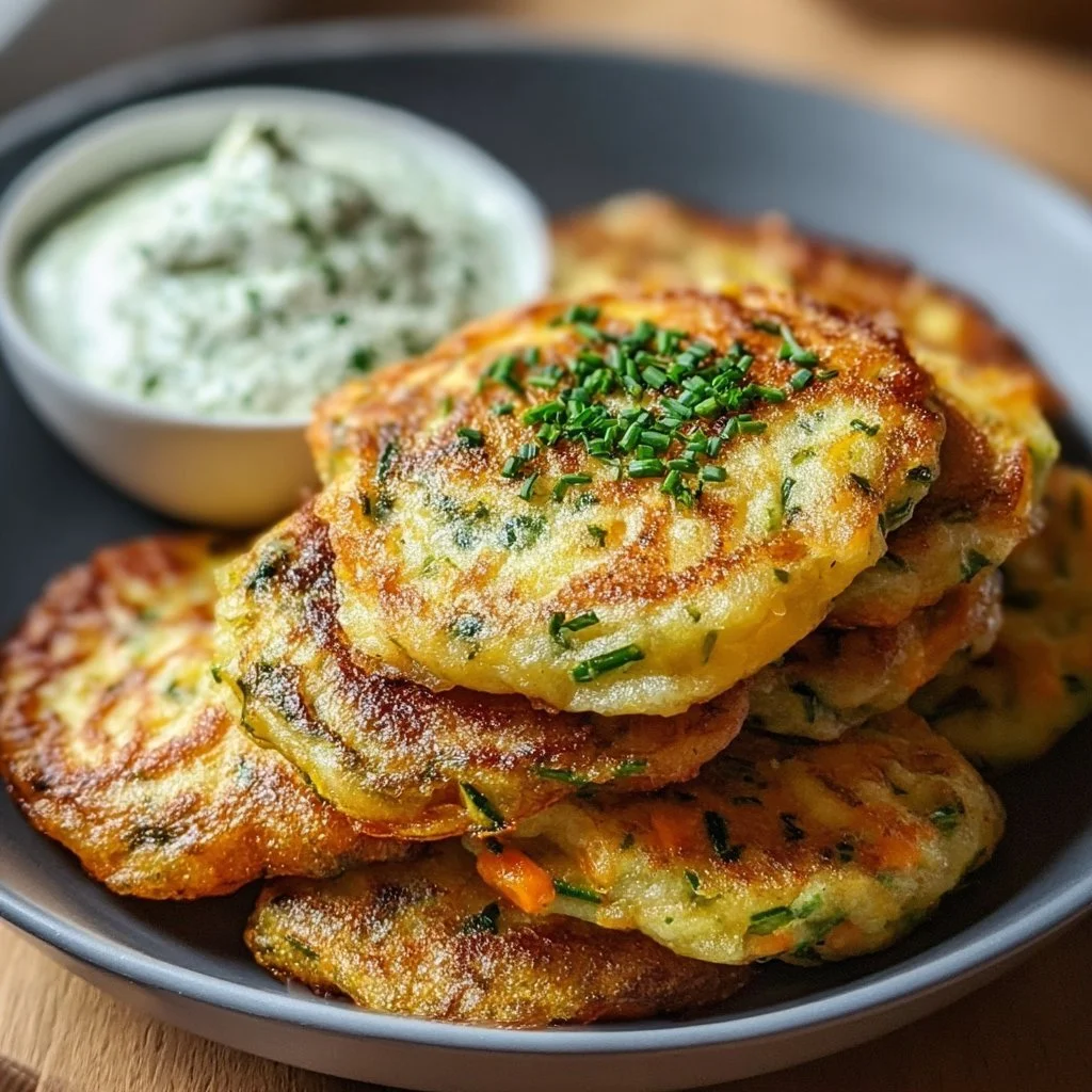 Leckere Gemüsepfannkuchen mit einem frischen Kräuterdip serviert