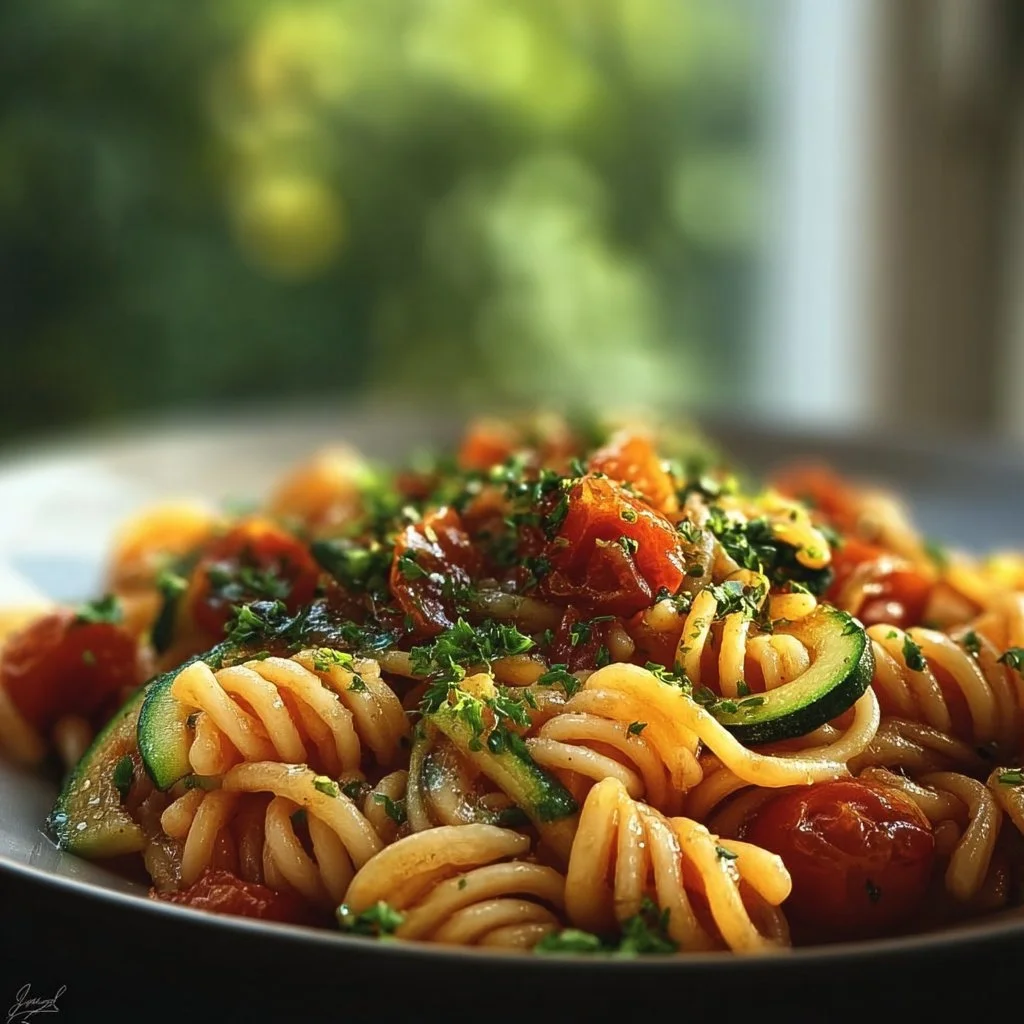 Gesunde Tomaten-Zucchini-Pasta mit frischen Zutaten serviert