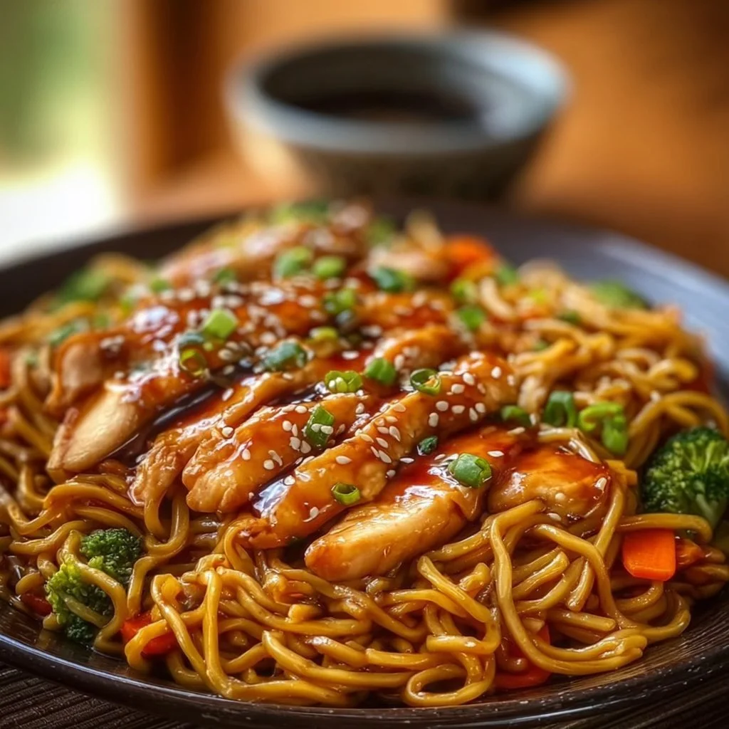 Hähnchen-Teriyaki-Nudeln auf einem Teller mit frischem Gemüse