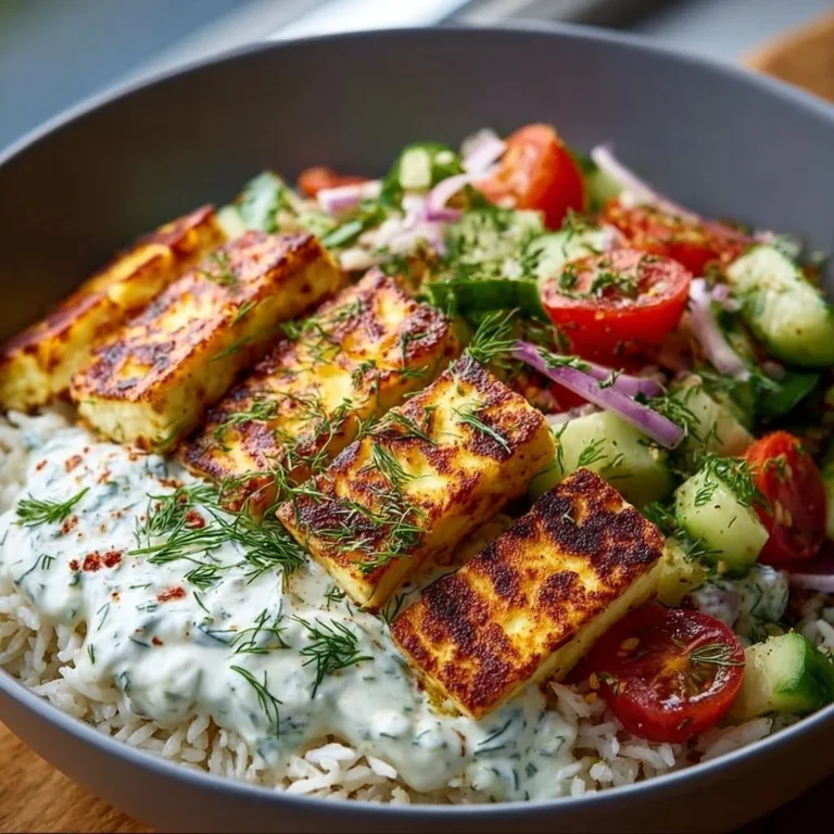 Halloumi Bowl mit Reis, Tzatziki und frischem Gemüse serviert.