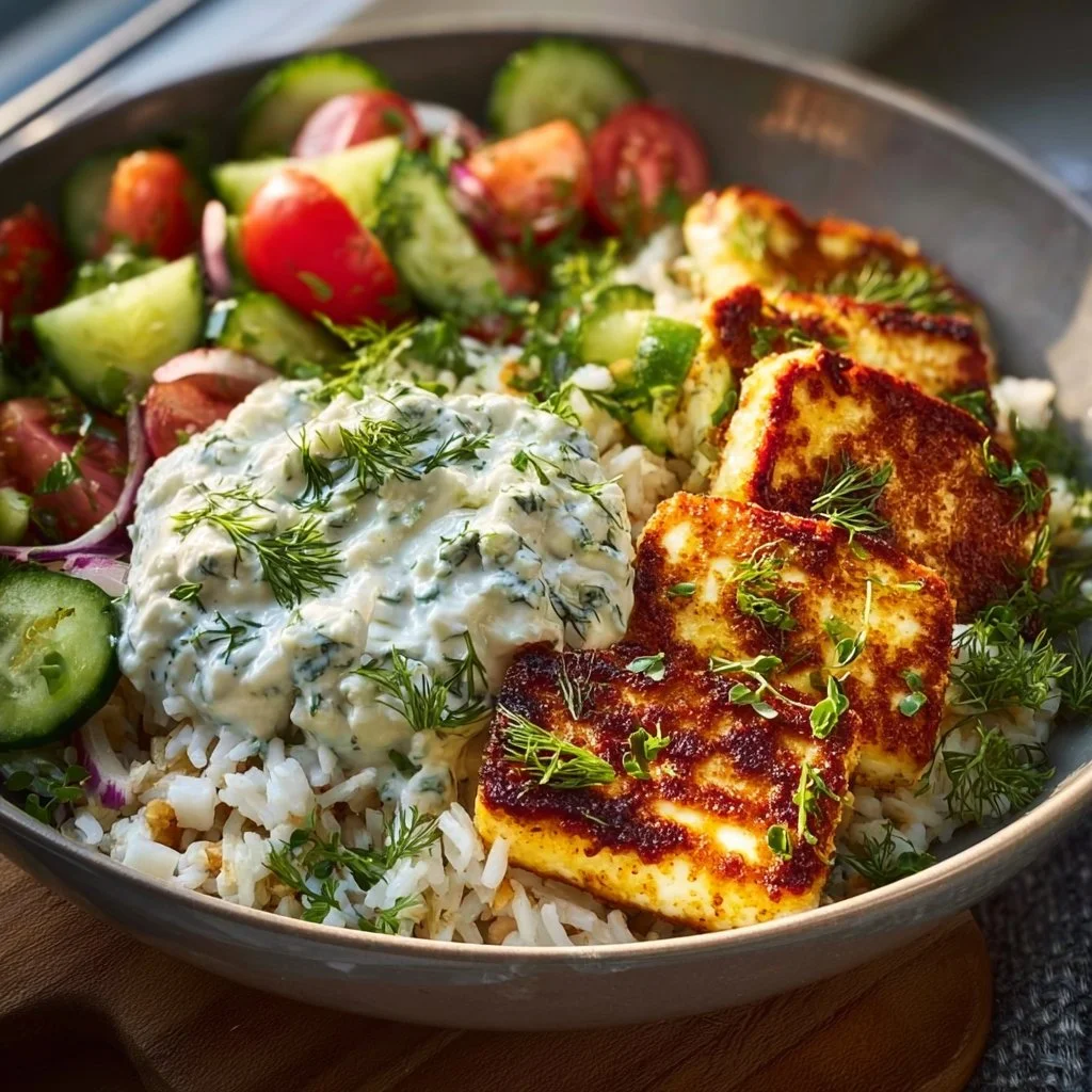 Halloumi Bowl mit Reis und Tzatziki