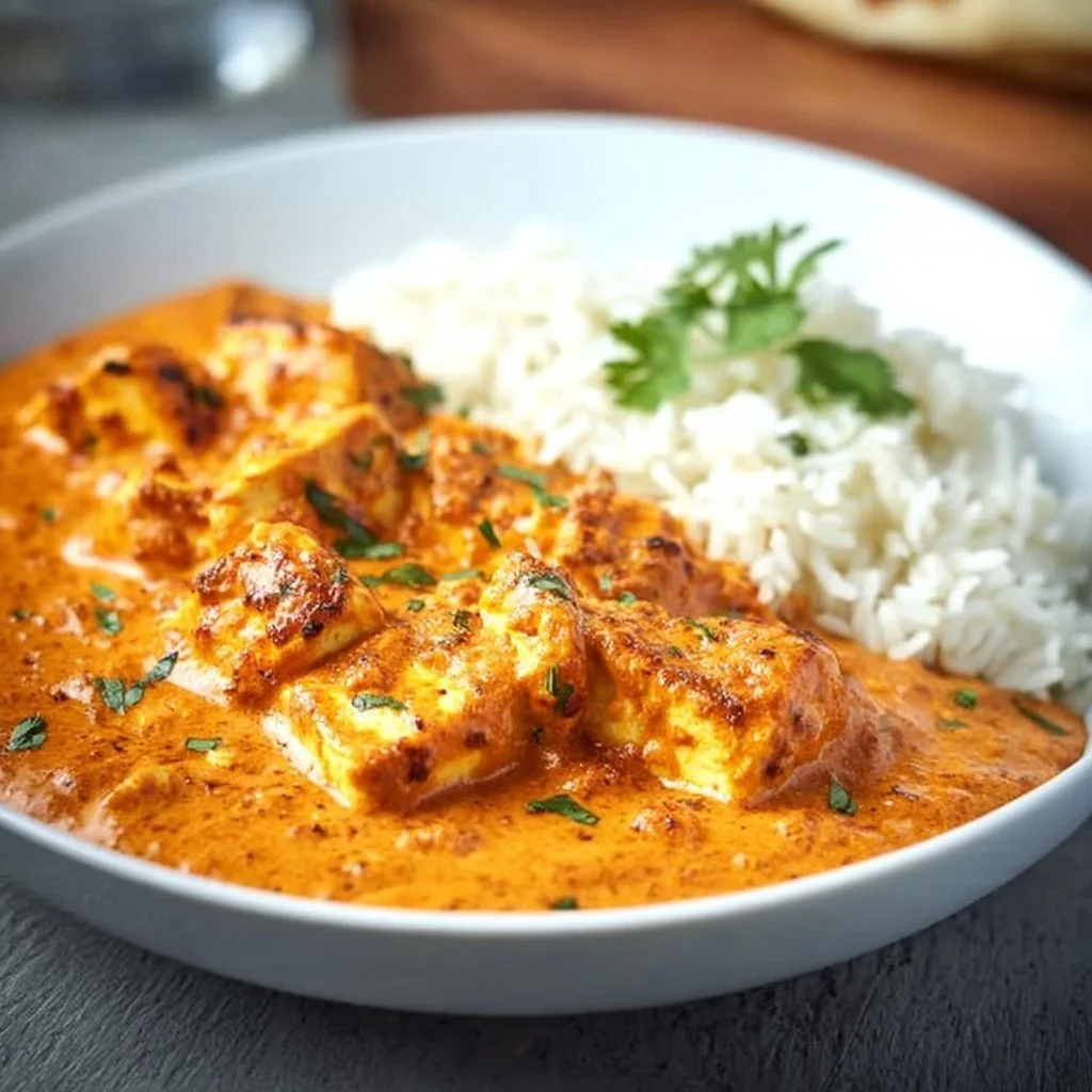 Eine leckere Portion Halloumi Tikka Masala serviert mit Reis und frischen Kräutern.