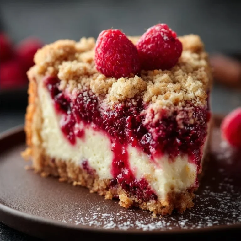 Himbeer-Streuselkuchen mit Joghurt-Cheesecake auf einem Teller