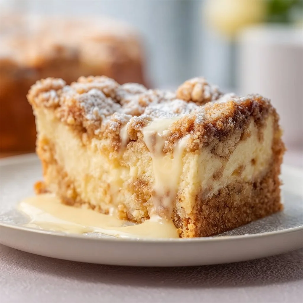 Himmlischer Streuselkuchen mit Pudding auf einem Teller serviert