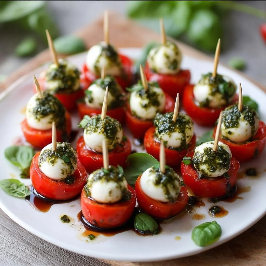Mini Pesto Caprese Häppchen mit Kirschtomaten, Mozzarella und Basilikum.