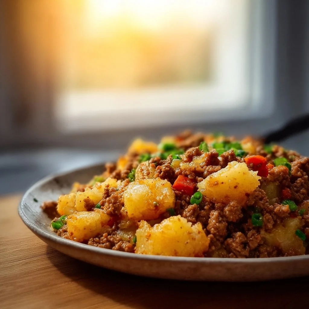 Leckere Kartoffel Hackfleisch Pfanne mit frischen Zutaten für eine schnelle Mahlzeit.