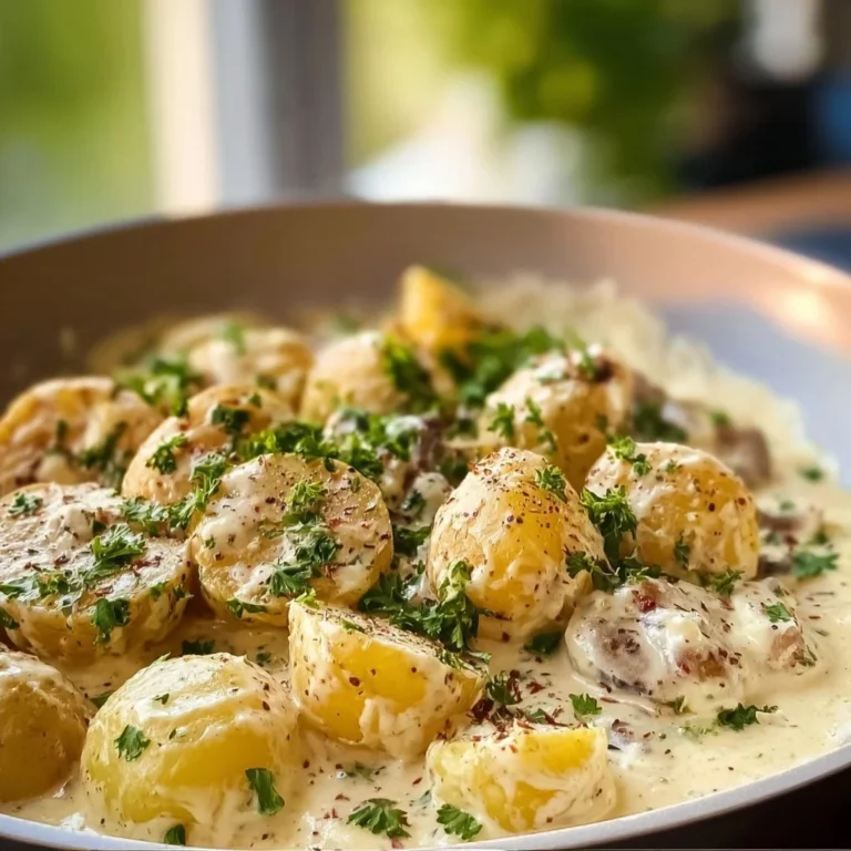 Kartoffeln in cremiger Knoblauch-Sahnesauce serviert