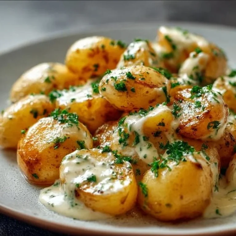 Kartoffeln mit cremiger Knoblauchsoße auf einem Teller serviert