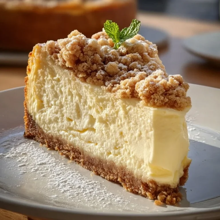 Käsekuchen mit Streusel auf einem Teller serviert